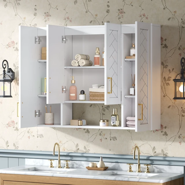 Alt view image 2 of 7 - Inchx 28 Inch Medicine Cabinet, Wall Mounted Storage Cabinet Wall with Exquisite Carving and Adjustable Shelves, White