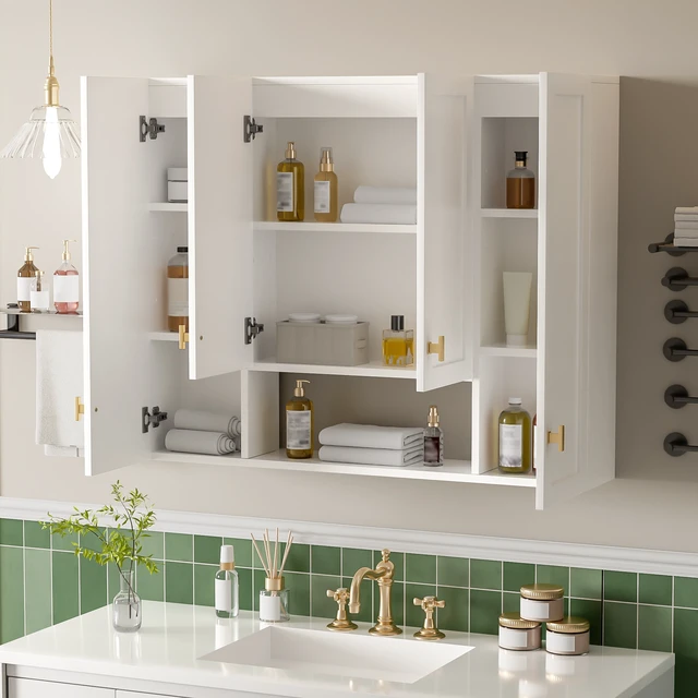 Alt view image 2 of 7 - 36 Inch Cabinet with Adjustable Shelves, Wall-Mounted Medicine Cabinet for Soft Closing Hinges Open Shelving Design