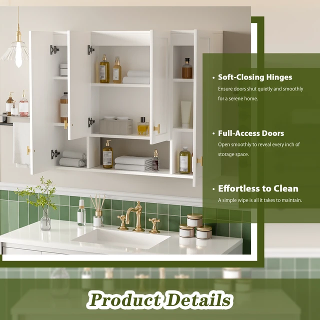 Alt view image 5 of 7 - 36 Inch Cabinet with Adjustable Shelves, Wall-Mounted Medicine Cabinet for Soft Closing Hinges Open Shelving Design