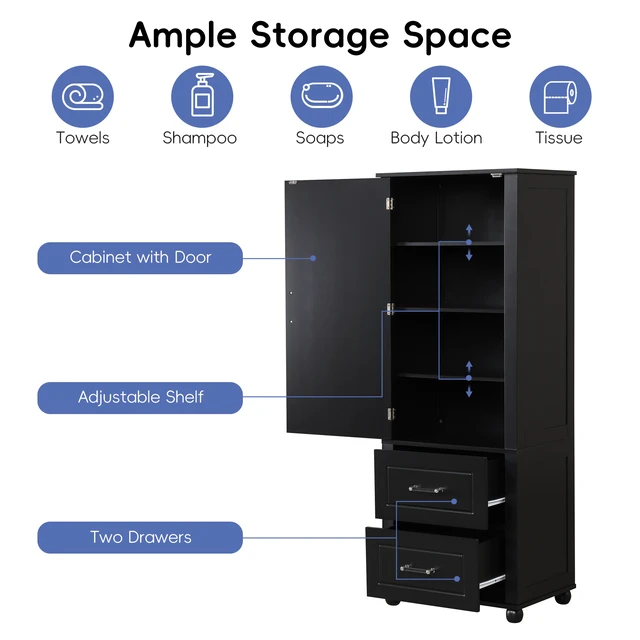 Alt view image 4 of 7 - Tall Storage Cabinet, Freestanding Storage Cabinet with Two Drawers and Adjustable Shelf MDF Board with Painted Finish