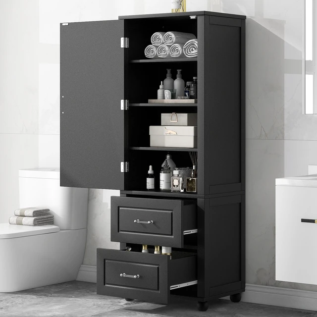 Main image of Tall Storage Cabinet, Freestanding Storage Cabinet with Two Drawers and Adjustable Shelf MDF Board with Painted Finish