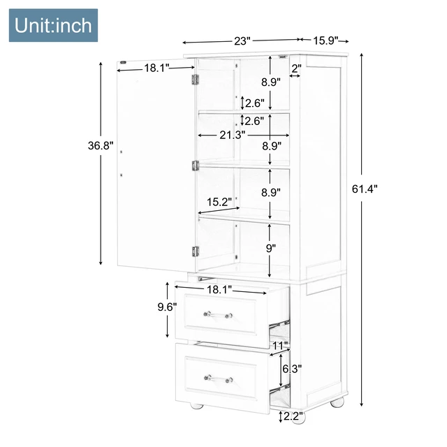 Alt view image 3 of 7 - Tall Storage Cabinet, Freestanding Storage Cabinet with Two Drawers and Adjustable Shelf MDF Board with Painted Finish