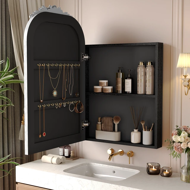 Alt view image 4 of 6 - Medicine Cabinet Mirror with Storage, Inchx 36 Inch Arch Wall Mount Mirror Cabinet with Carved Top Recessed and Surface