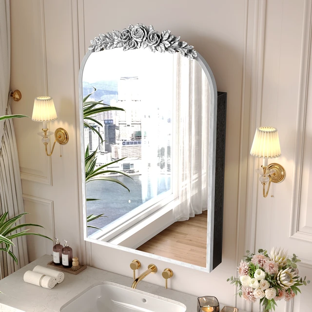 Alt view image 3 of 6 - Medicine Cabinet Mirror with Storage, Inchx 36 Inch Arch Wall Mount Mirror Cabinet with Carved Top Recessed and Surface