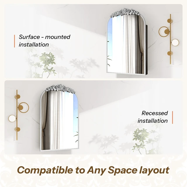 Alt view image 6 of 6 - Medicine Cabinet Mirror with Storage, Inchx 36 Inch Arch Wall Mount Mirror Cabinet with Carved Top Recessed and Surface