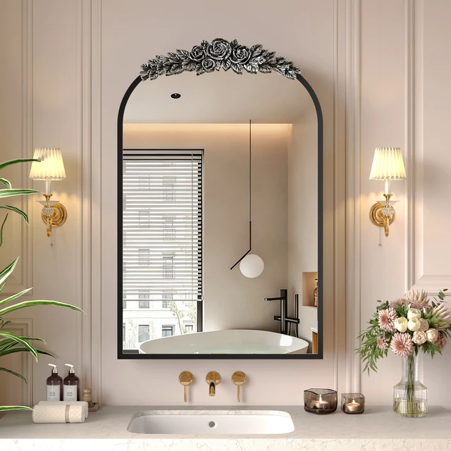 Alt view image 2 of 7 - Medicine Cabinet Mirror with Storage, Inchx 24 Inch Arch Wall Mount Mirror Cabinet with Carved Top Recessed and Surface