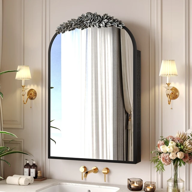 Main image of Medicine Cabinet Mirror with Storage, Inchx 24 Inch Arch Wall Mount Mirror Cabinet with Carved Top Recessed and Surface