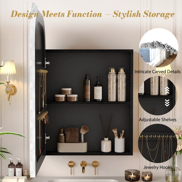 Alt view image 5 of 6 - Medicine Cabinet Mirror with Storage, Inchx 36 Inch Arch Wall Mount Mirror Cabinet with Carved Top Recessed and Surface