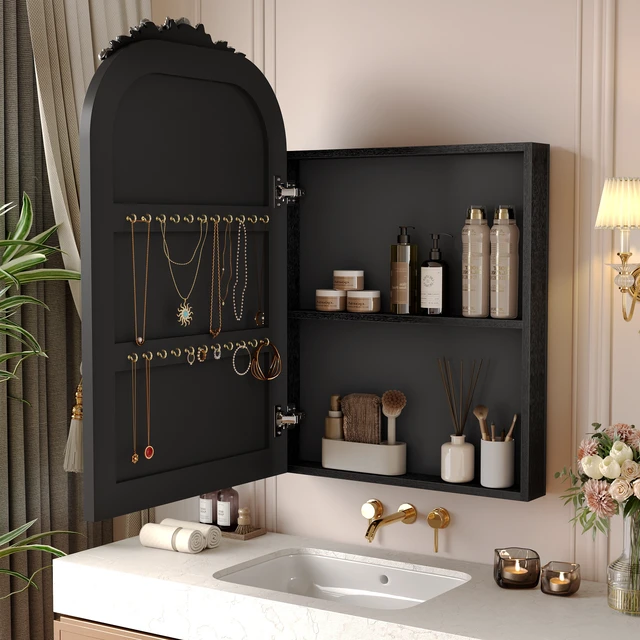 Alt view image 5 of 7 - Medicine Cabinet Mirror with Storage, Inchx 24 Inch Arch Wall Mount Mirror Cabinet with Carved Top Recessed and Surface