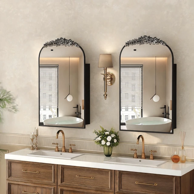 Alt view image 4 of 7 - Medicine Cabinet Mirror with Storage, Inchx 24 Inch Arch Wall Mount Mirror Cabinet with Carved Top Recessed and Surface