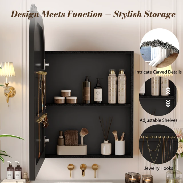 Alt view image 6 of 7 - Medicine Cabinet Mirror with Storage, Inchx 24 Inch Arch Wall Mount Mirror Cabinet with Carved Top Recessed and Surface