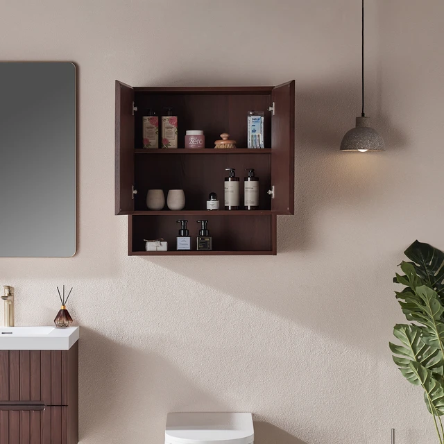 Alt view image 2 of 7 - 26 Inch Storage Wall Cabinet, Over the Toilet Storage Cabinet Above Toilet Medicine with Wood Shelf and Doors for