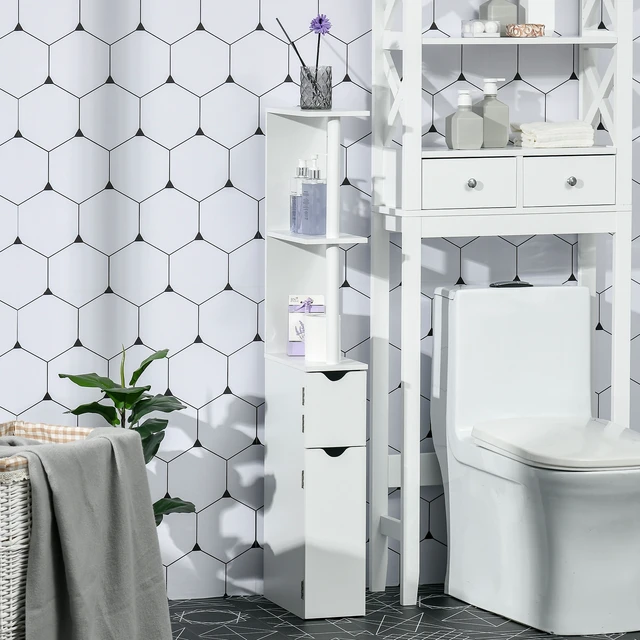 Alt view image 2 of 7 - Tall Storage Cabinet, Freestanding Linen Tower with Open Shelves and 2 Door Cabinets, White, Particle Board