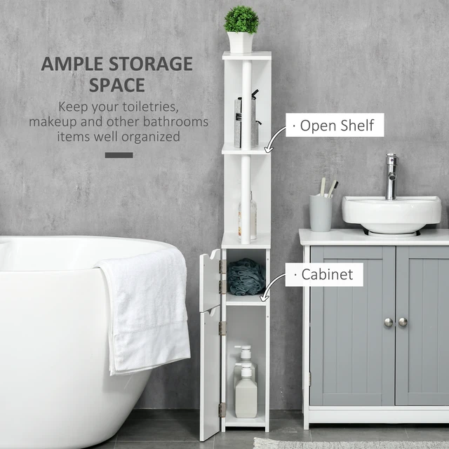 Alt view image 4 of 7 - Tall Storage Cabinet, Freestanding Linen Tower with Open Shelves and 2 Door Cabinets, White, Particle Board