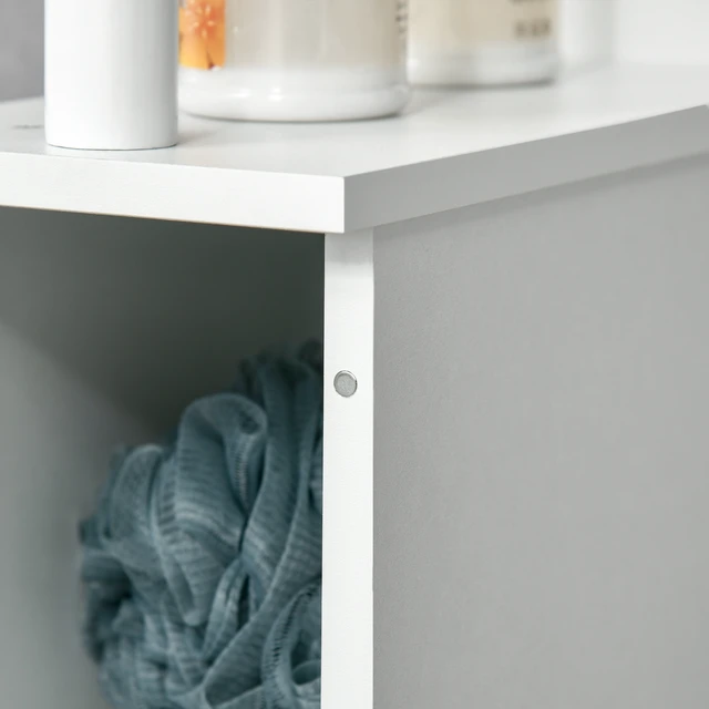 Alt view image 7 of 7 - Tall Storage Cabinet, Freestanding Linen Tower with Open Shelves and 2 Door Cabinets, White, Particle Board