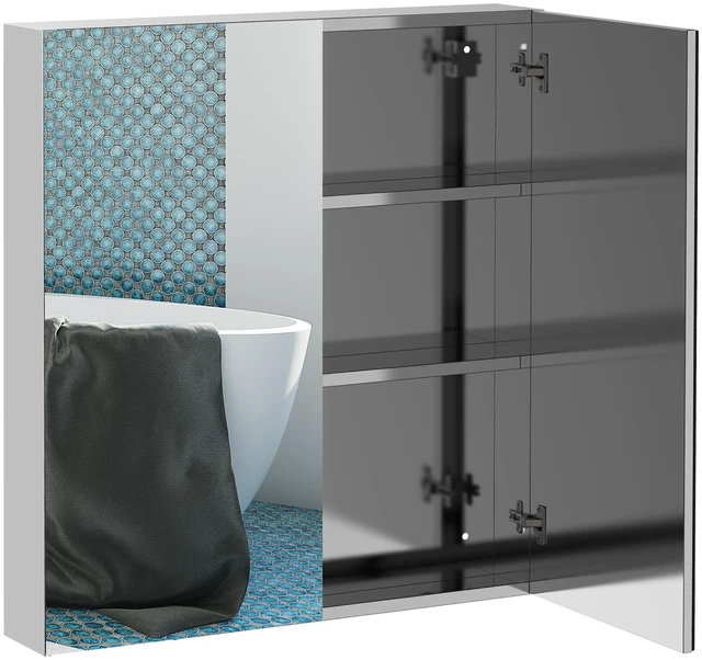 Main image of Mirrored Cabinet, Inch Stainless Steel Frame Medicine Cabinet Wall-Mounted Storage Organizer with Double Doors, Silver