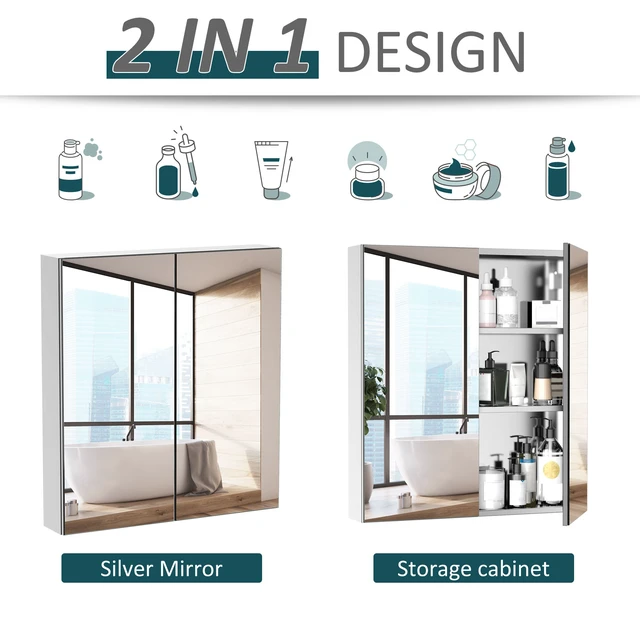 Alt view image 4 of 7 - Mirrored Cabinet, Inch Stainless Steel Frame Medicine Cabinet Wall-Mounted Storage Organizer with Double Doors, Silver