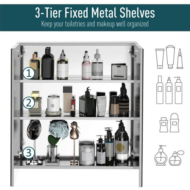 Alt view image 5 of 7 - Mirrored Cabinet, Inch Stainless Steel Frame Medicine Cabinet Wall-Mounted Storage Organizer with Double Doors, Silver