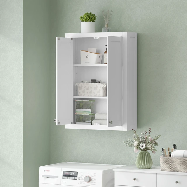 Alt view image 2 of 7 - Wall Cabinet, Medicine Cabinet Wall Mounted Over the Toilet Space Saver with 2 Doors and Adjustable Shelves, White