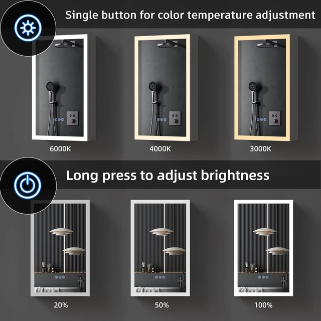 Alt view image 4 of 7 - LED Lighted Medicine Cabinet with Mirror, 26inches Mirror Cabinet with Lights Recessed Wall Mounted Color Temperatures
