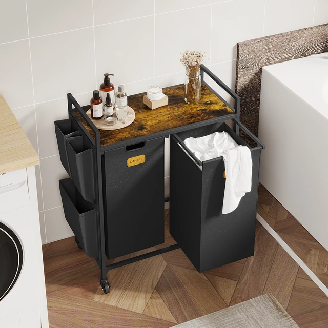 Alt view image 2 of 7 - 2 Section Hamper, Sorter with Wheels Basket Organizer with Shelf and Pull-Out Removable Bags Dirty Clothes Hamper