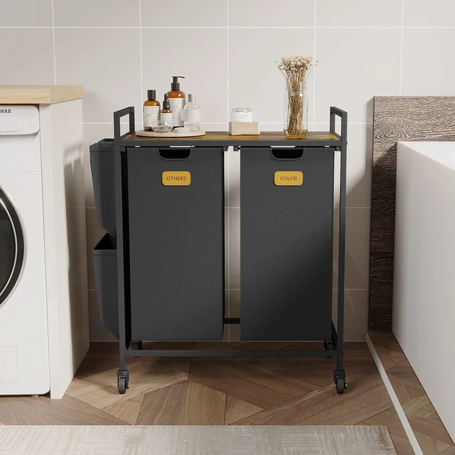 Alt view image 3 of 7 - 2 Section Hamper, Sorter with Wheels Basket Organizer with Shelf and Pull-Out Removable Bags Dirty Clothes Hamper