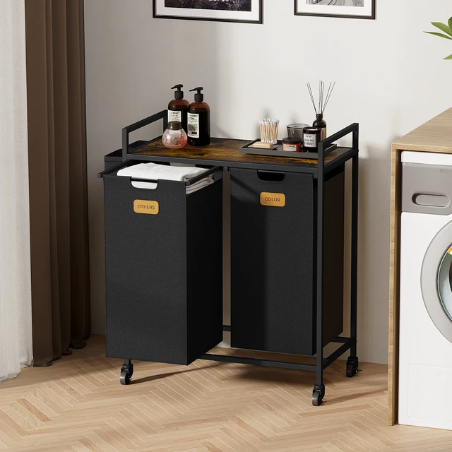 Alt view image 5 of 7 - 2 Section Hamper, Sorter with Wheels Basket Organizer with Shelf and Pull-Out Removable Bags Dirty Clothes Hamper