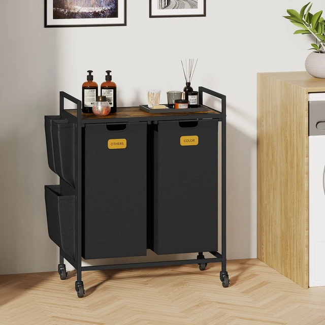 Alt view image 4 of 7 - 2 Section Hamper, Sorter with Wheels Basket Organizer with Shelf and Pull-Out Removable Bags Dirty Clothes Hamper