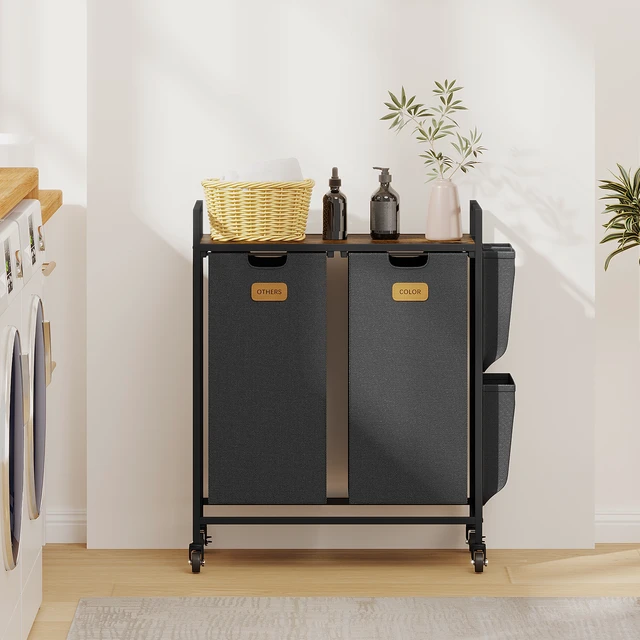 Alt view image 7 of 7 - 2 Section Hamper, Sorter with Wheels Basket Organizer with Shelf and Pull-Out Removable Bags Dirty Clothes Hamper