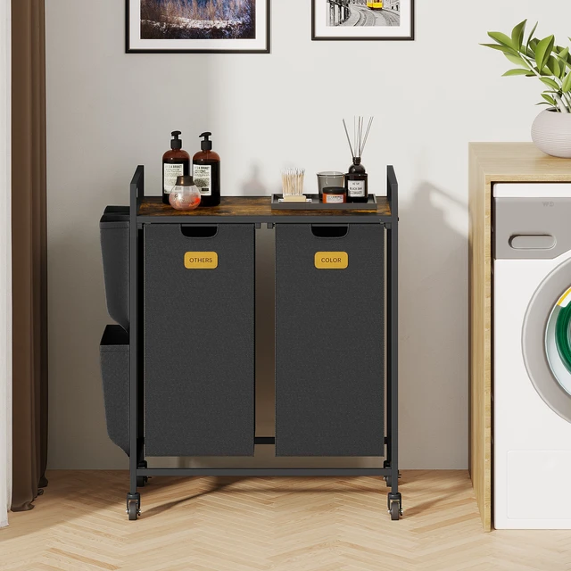Alt view image 6 of 7 - 2 Section Hamper, Sorter with Wheels Basket Organizer with Shelf and Pull-Out Removable Bags Dirty Clothes Hamper