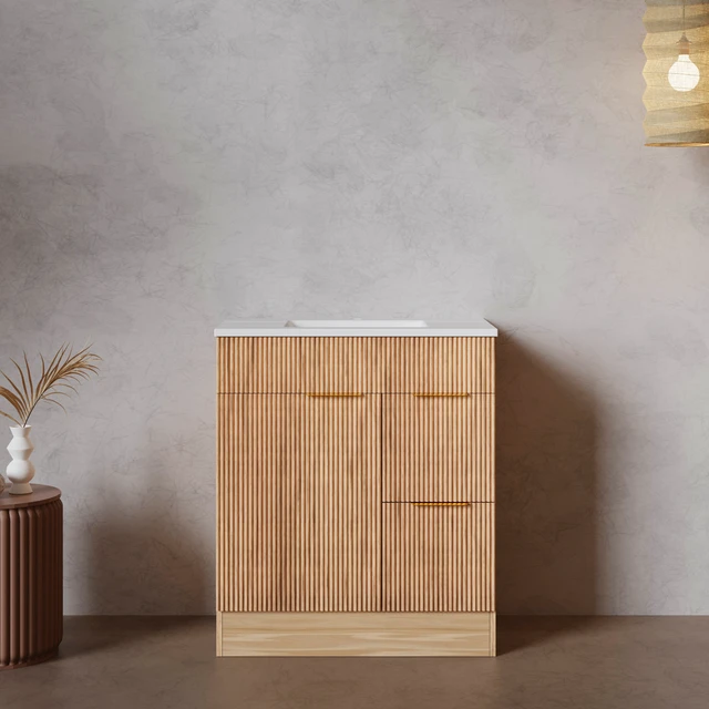 Alt view image 2 of 7 - 30 Inch Freestanding Vanity Cabinet Only, Fluted MDF Bath Storage Vanity with 1 Door and 2 Drawers Handles Walnut