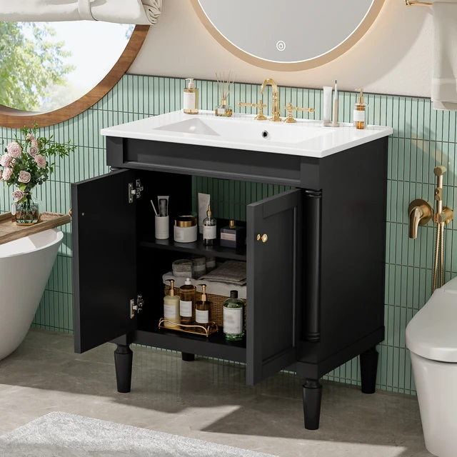 Alt view image 2 of 7 - 30 Inch Vanity Cabinet with Ceramic Sink Basin, 30 Inch Storage Cabinet with Soft Close Doors and Solid Wood Legs