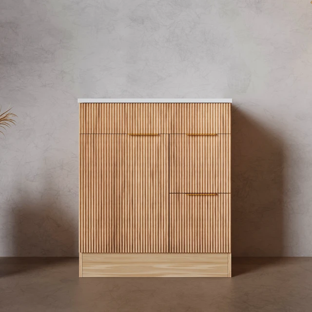 Alt view image 5 of 7 - 30 Inch Freestanding Vanity Cabinet Only, Fluted MDF Bath Storage Vanity with 1 Door and 2 Drawers Handles Walnut