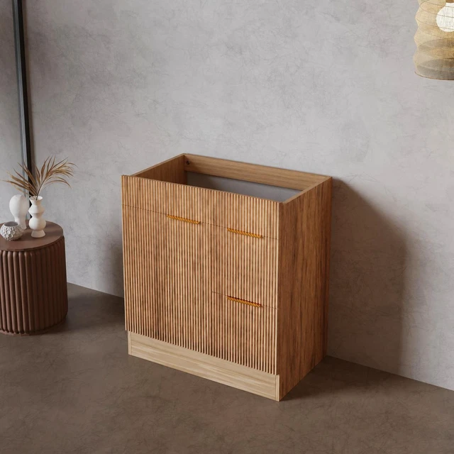 Main image of 30 Inch Freestanding Vanity Cabinet Only, Fluted MDF Bath Storage Vanity with 1 Door and 2 Drawers Handles Walnut