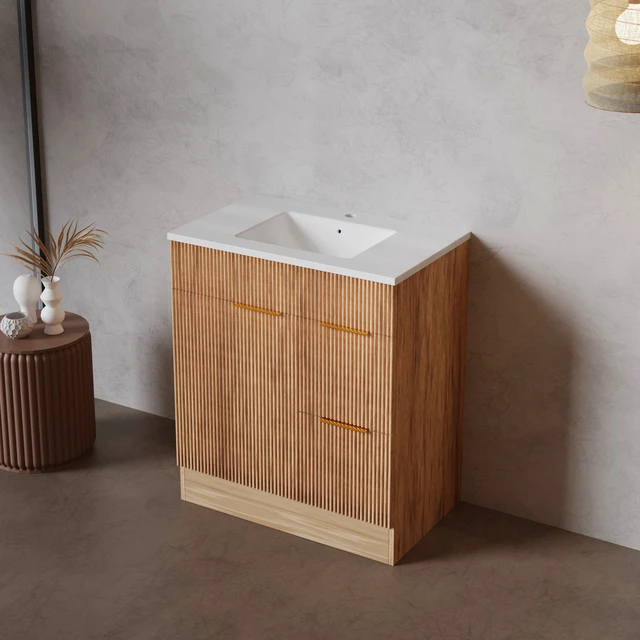 Alt view image 3 of 7 - 30 Inch Freestanding Vanity Cabinet Only, Fluted MDF Bath Storage Vanity with 1 Door and 2 Drawers Handles Walnut