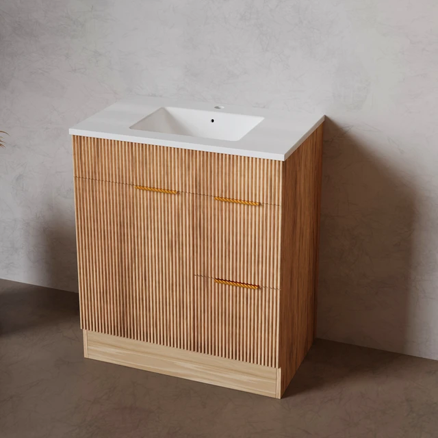 Alt view image 4 of 7 - 30 Inch Freestanding Vanity Cabinet Only, Fluted MDF Bath Storage Vanity with 1 Door and 2 Drawers Handles Walnut