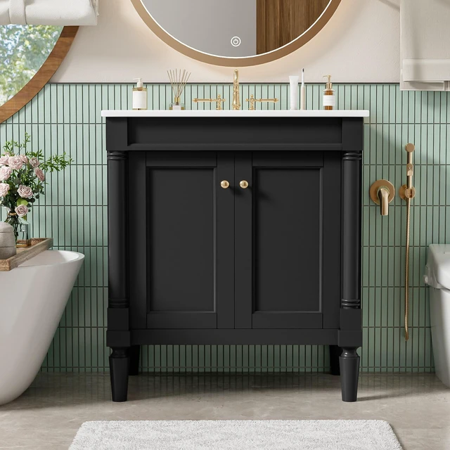 Main image of 30 Inch Vanity Cabinet with Ceramic Sink Basin, 30 Inch Storage Cabinet with Soft Close Doors and Solid Wood Legs