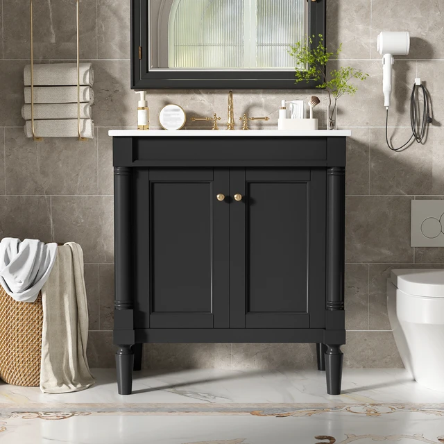 Alt view image 3 of 7 - 30 Inch Vanity Cabinet with Ceramic Sink Basin, 30 Inch Storage Cabinet with Soft Close Doors and Solid Wood Legs