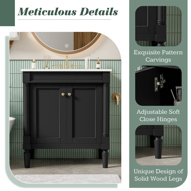 Alt view image 5 of 7 - 30 Inch Vanity Cabinet with Ceramic Sink Basin, 30 Inch Storage Cabinet with Soft Close Doors and Solid Wood Legs