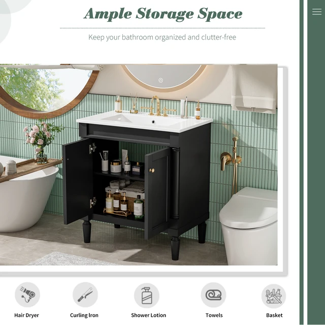 Alt view image 7 of 7 - 30 Inch Vanity Cabinet with Ceramic Sink Basin, 30 Inch Storage Cabinet with Soft Close Doors and Solid Wood Legs