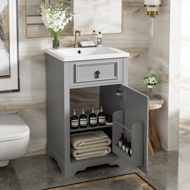 Main image of 20 Inch Vanity with Ceramic Sink, Soft Close Door Adjustable Shelf and Door Mounted Storage Rack for Small Bathrooms