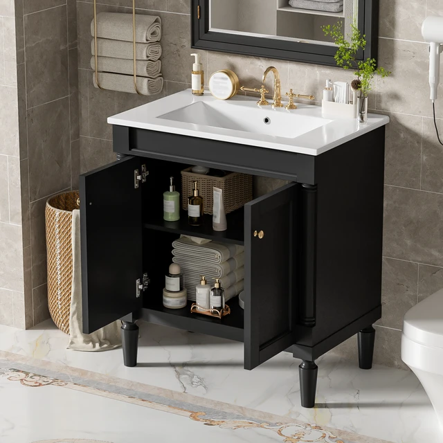 Alt view image 4 of 7 - 30 Inch Vanity Cabinet with Ceramic Sink Basin, 30 Inch Storage Cabinet with Soft Close Doors and Solid Wood Legs