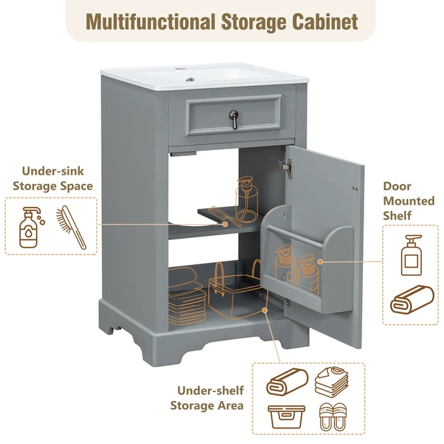 Alt view image 5 of 7 - 20 Inch Vanity with Ceramic Sink, Soft Close Door Adjustable Shelf and Door Mounted Storage Rack for Small Bathrooms
