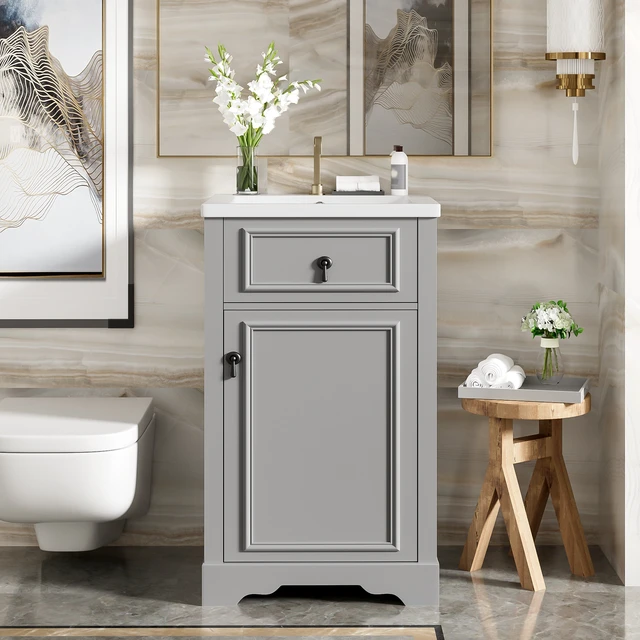 Alt view image 3 of 7 - 20 Inch Vanity with Ceramic Sink, Soft Close Door Adjustable Shelf and Door Mounted Storage Rack for Small Bathrooms