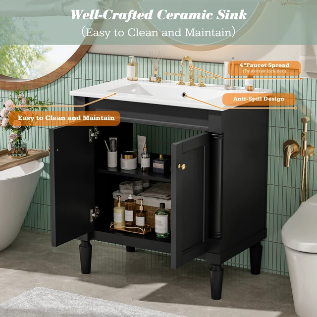 Alt view image 6 of 7 - 30 Inch Vanity Cabinet with Ceramic Sink Basin, 30 Inch Storage Cabinet with Soft Close Doors and Solid Wood Legs
