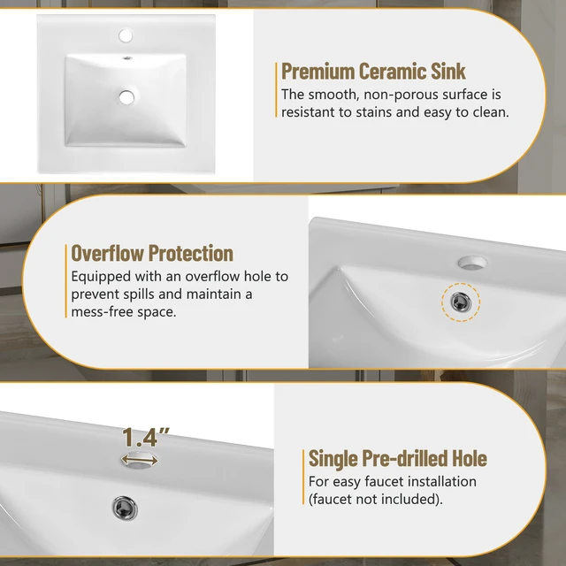Alt view image 6 of 7 - 20 Inch Vanity with Ceramic Sink, Soft Close Door Adjustable Shelf and Door Mounted Storage Rack for Small Bathrooms