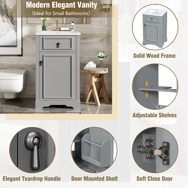 Alt view image 4 of 7 - 20 Inch Vanity with Ceramic Sink, Soft Close Door Adjustable Shelf and Door Mounted Storage Rack for Small Bathrooms