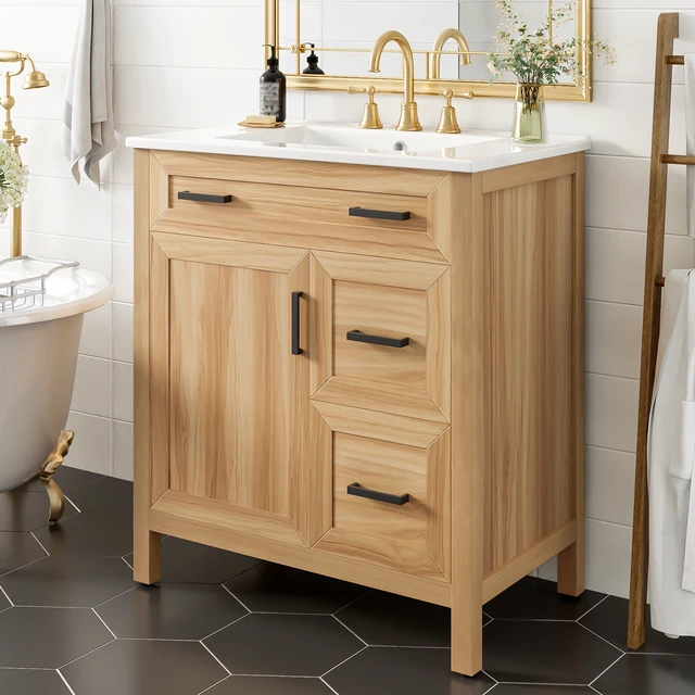 Alt view image 2 of 7 - 30 Inch Vanity with Solid Wood Frame, Soft Close Doors Soft Close Drawers Adjustable Shelf Storage Cabinet, Acacia