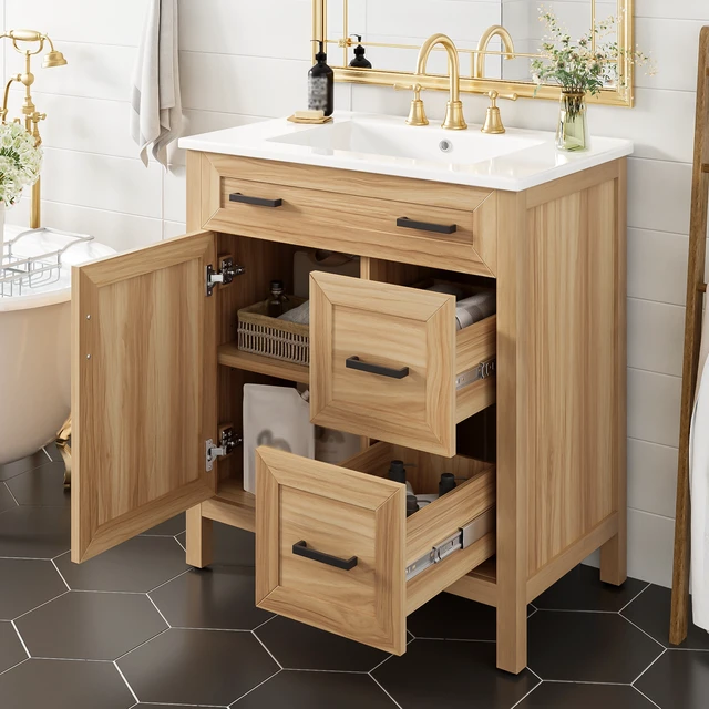 Alt view image 3 of 7 - 30 Inch Vanity with Solid Wood Frame, Soft Close Doors Soft Close Drawers Adjustable Shelf Storage Cabinet, Acacia