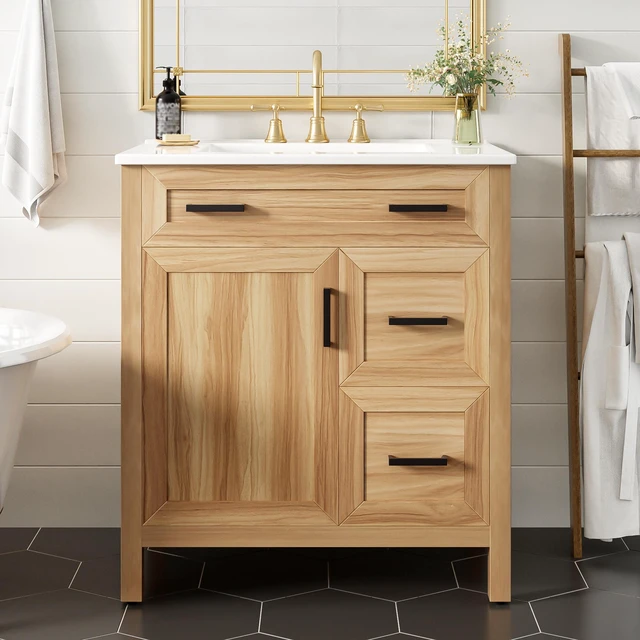 Main image of 30 Inch Vanity with Solid Wood Frame, Soft Close Doors Soft Close Drawers Adjustable Shelf Storage Cabinet, Acacia